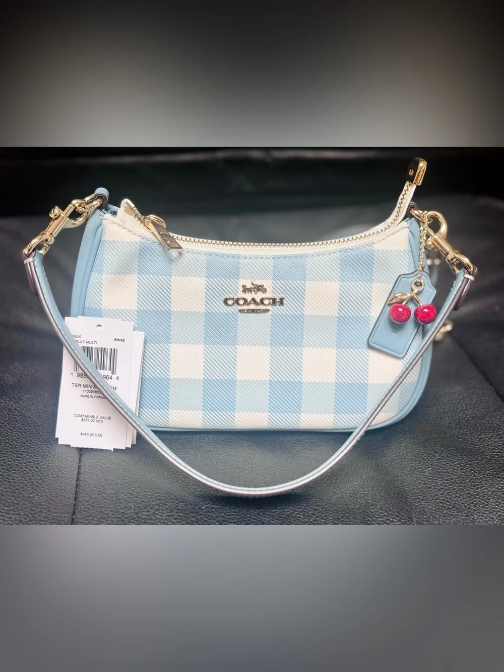 NWT Coach Teri Mini Crossbody Bag With Gingham Print And Charm CEN05 Blue Multi - Picture 9 of 15